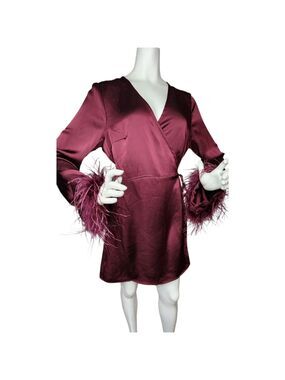NWT Glamorous Burgundy Satin Feather Trim Wrap Mini Dress Size Large